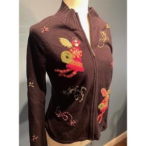 Talbots Women Size Small Christmas Front-Zip Sweater‎ Black w/ Embroidered Angel